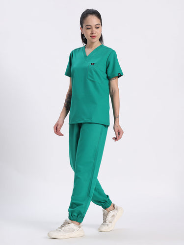 Stretchable (4Way) Women Sea Green V-Neck With Jogger Scrub Set
