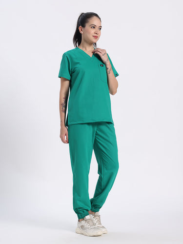 Stretchable (4Way) Women Sea Green V-Neck With Jogger Scrub Set