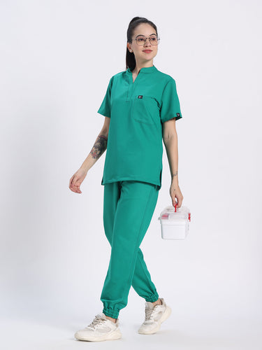 Stretchable (4Way) Women Sea Green Mandarin Neck With Jogger Scrub Set