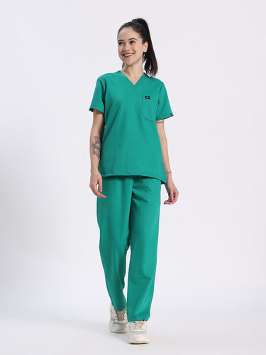 Stretchable (4Way) Women Sea Green V-Neck With Straight Pant Scrub Set