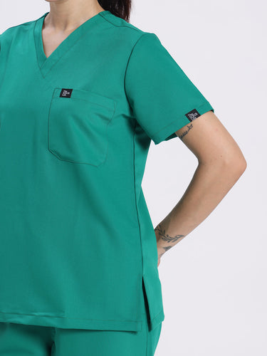 Stretchable (4Way) Women Sea Green V-Neck With Straight Pant Scrub Set
