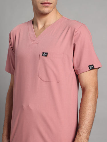 Stretchable (4Way) Men Dusty Pink V-Neck With Straight Pant Scrub Set