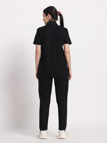 Stretchable (4Way) Black Women Flex Zip Neckline Top With Straight Pants