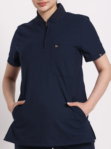 Stretchable (4Way) Navy Blue Women Flex Zip Neckline Top With Straight Pants