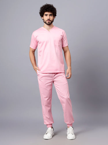 Stretchable (2Way) Male Powder Pink V-Neck With Jogger Scrub Set