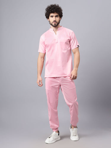 Stretchable (2Way) Male Powder Pink Mandarin Neck With Jogger Scrub Set
