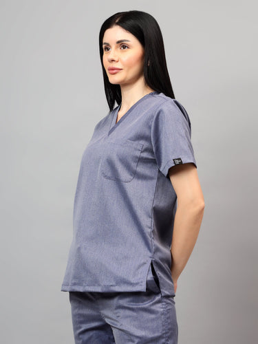 Stretchable (2Way) Female Denim Blue Texture V-Neck With Straight Pant Scrub Set