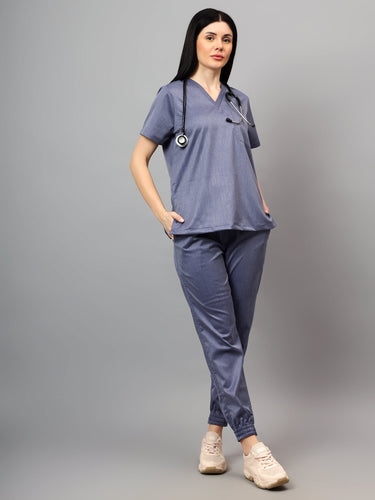 Stretchable (2Way) Female Denim Blue Texture V-Neck With Jogger Scrub Set