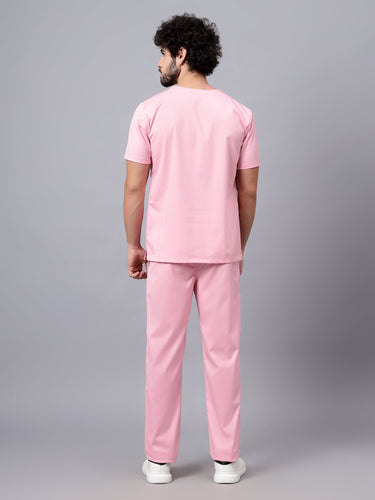 Stretchable (2Way) Male Powder Pink V-Neck With Straight Pant Scrub Set