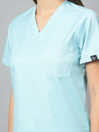 Stretchable (2Way) Female Aqua Blue V-Neck With Jogger Scrub Set