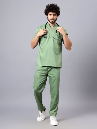 Stretchable (2Way) Male Pista Green Mandarin Neck With Straight Pant Scrub Set
