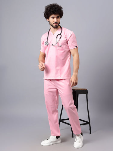 Stretchable (2Way) Male Powder Pink Mandarin Neck With Straight Pant Scrub Set