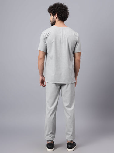 Stretchable (4Way) Men Light Grey V-Neck With Jogger Scrub Set