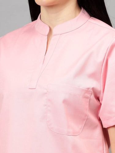 Stretchable (2Way) Female Powder Pink Mandarin Neck With Straight Pant Scrub Set