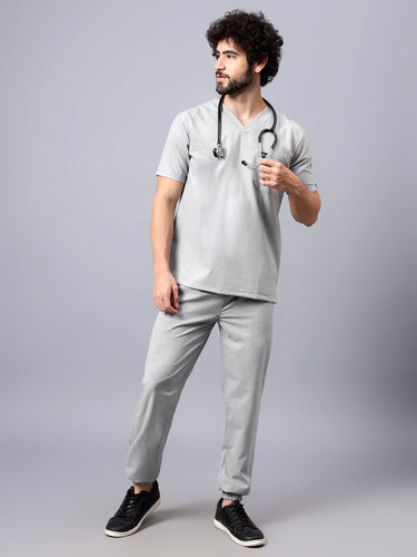 Stretchable (4Way) Men Light Grey V-Neck With Jogger Scrub Set