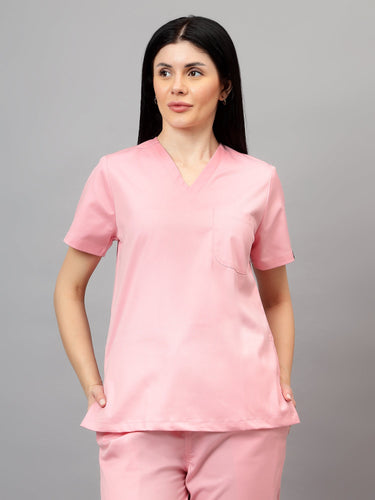Stretchable (2Way) Female Powder Pink V-Neck With Jogger Scrub Set
