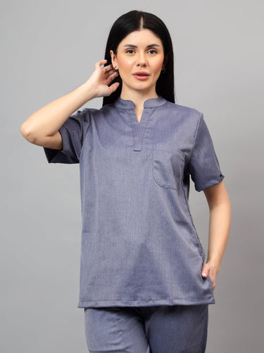 Stretchable (2Way) Female Denim Blue Texture Mandarin Neck With Straight Pant Scrub Set