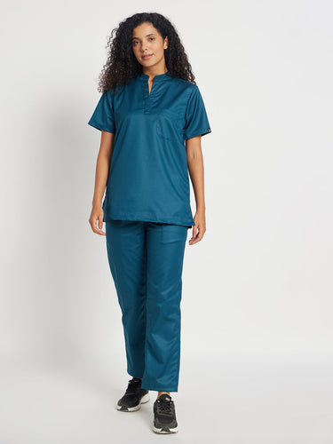 Stretchable (2Way) Women Forest Green Mandarin With Straight Pant Scrub Set