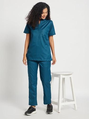 Stretchable (2Way) Women Forest Green Mandarin With Straight Pant Scrub Set