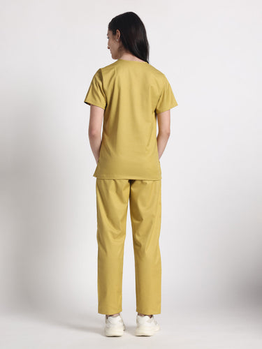 Stretchable (2Way) Female Mustard V-Neck With Straight Pant Scrub Set