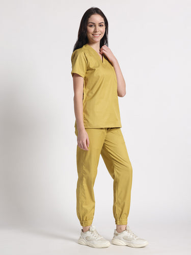 Stretchable (2Way) Female Mustard V-Neck With Jogger Scrub Set