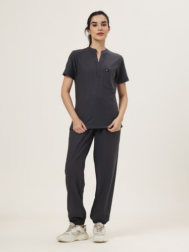 Stretchable (4Way) Women Charcoal Grey Mandarin Neck With Jogger Scrub Set