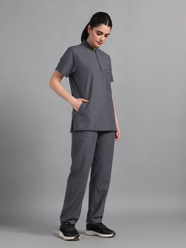 Stretchable (4Way) Charcoal Grey Women Flex Zip Neckline Top With Straight Pants