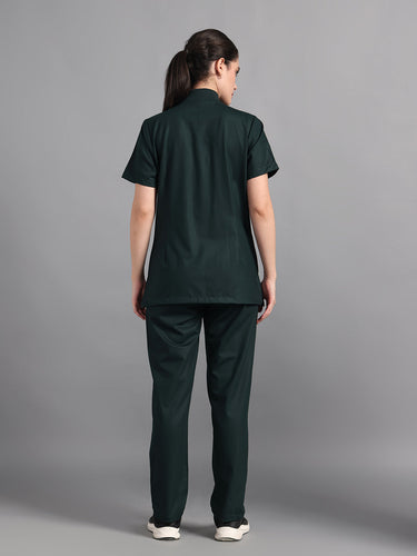 Stretchable (4Way) Midnight Green Women Flex Zip Neckline Top With Straight Pants