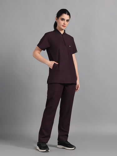 Stretchable (4Way) Wine Women Flex Zip Neckline Top With Straight Pants