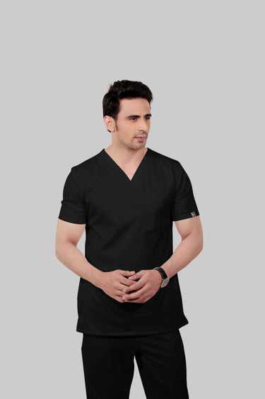 Stretchable (2Way) Male Black V-Neck Scrub Top