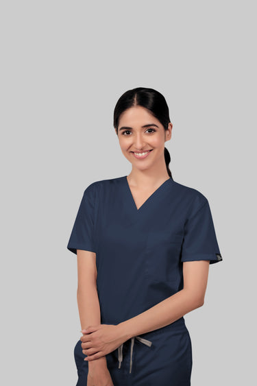 Stretchable (4Way) Female Navy Blue V-Neck With Straight Pant Scrub Set