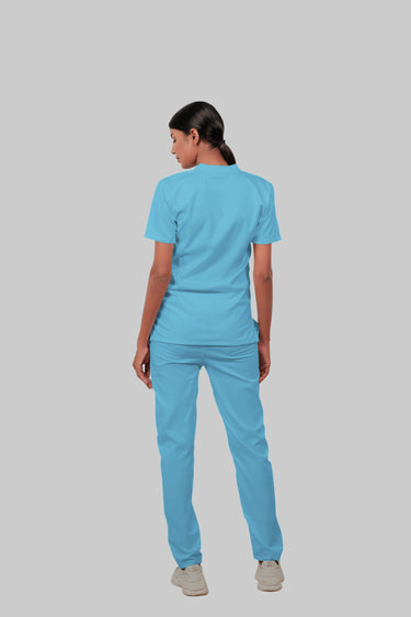 Stretchable (2Way) Female Light Blue Mandarin Neck With Straight Pant Scrub Set