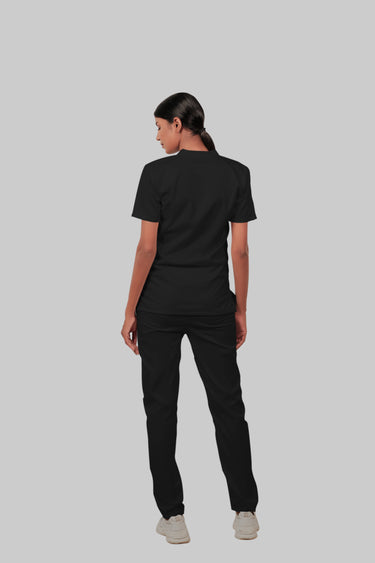 Stretchable (2Way) Female Black Mandarin Neck With Straight Pant Scrub Set