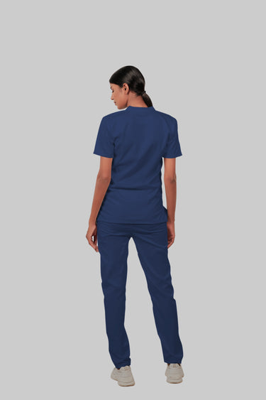 Stretchable (2Way) Female Navy Blue Mandarin Neck With Straight Pant Scrub Set