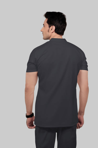 Stretchable (2Way) Male Dark Gray Mandarin Neck With Straight Pant Scrub Set