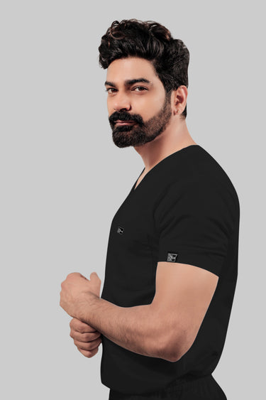 Stretchable (4Way) Male Black V-Neck With Straight Pant Scrub Set