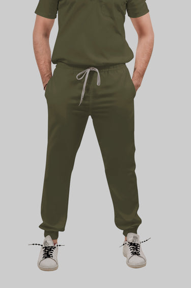 Stretchable (4Way) Male Olive Green Mandarin Neck with Jogger Scrub Set