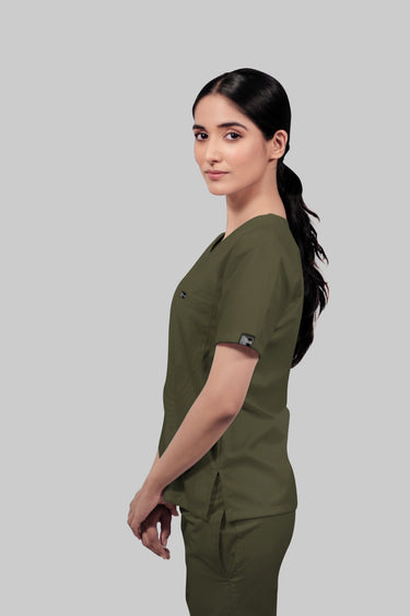 Stretchable (4Way) Female Olive Green V-Neck Scrub Top