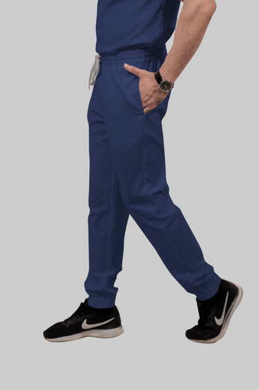 Stretchable (2Way) Female Navy Blue Mandarin Neck With Jogger Scrub Set