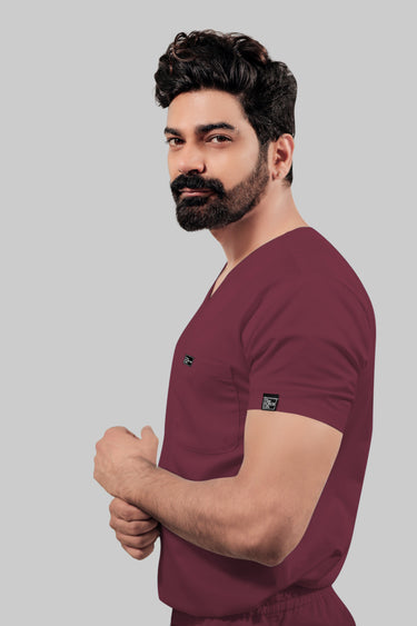 Stretchable (4Way) Male Burgundy V-Neck With Straight Pant Scrub Set