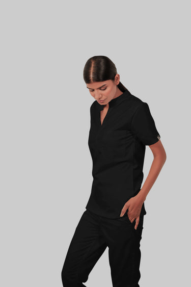 Stretchable (2Way) Female Black Mandarin Neck Scrub Top