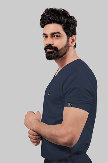 Stretchable (4Way) Male Navy Blue V-Neck With Straight Pant Scrub Set