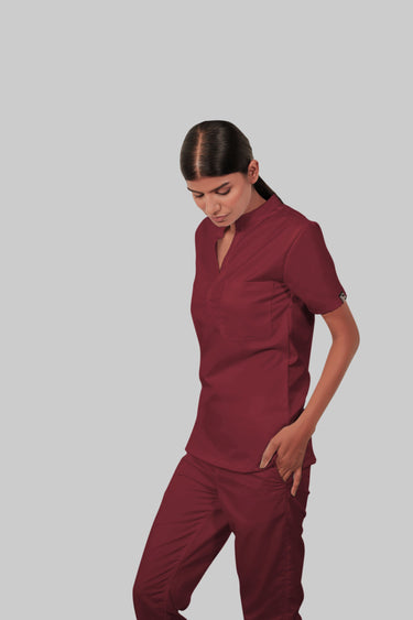 Stretchable (2Way) Female Maroon Mandarin Neck Scrub Top