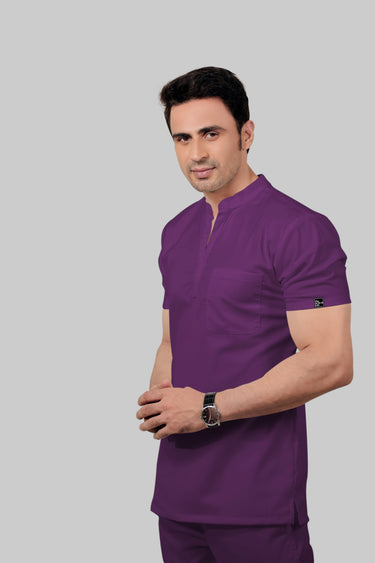 Stretchable (2Way) Male Purple Mandarin Neck With Straight Pant Scrub Set