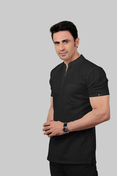 Stretchable (2Way) Male Black Mandarin Neck With Jogger Scrub Set