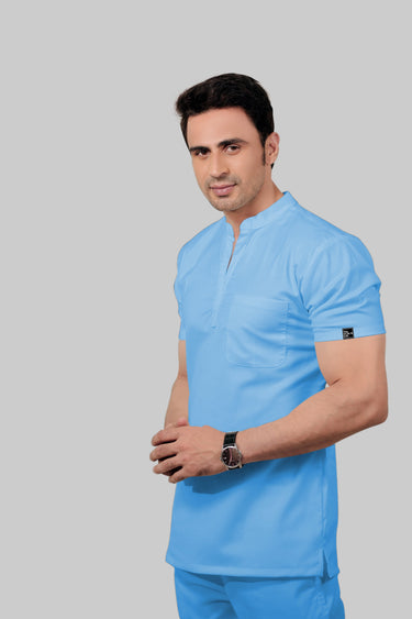 Stretchable (2Way) Male Light Blue Mandarin Neck Scrub Scrub Top