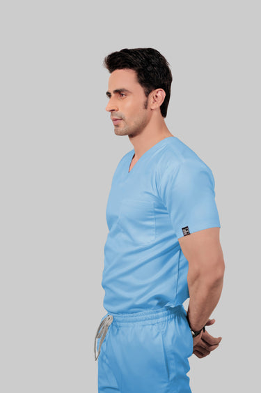 Stretchable (2Way) Male Light Blue V-Neck Scrub Top