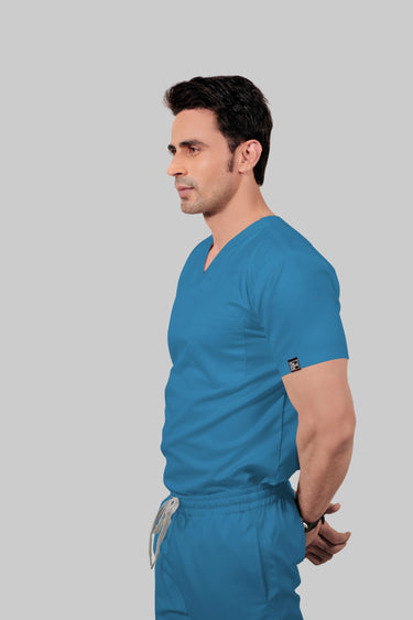 Stretchable (2Way) Male Peacock Blue V-Neck Scrub Top