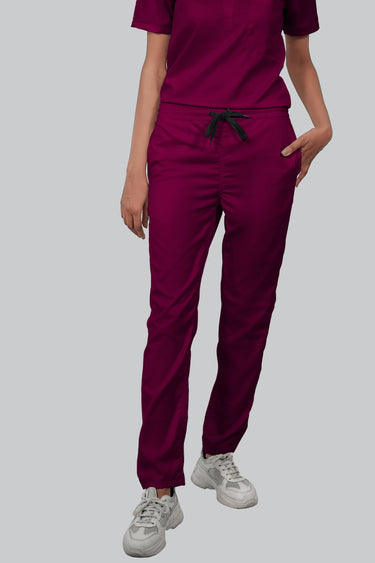 Stretchable (2Way) Female Wine V-Neck With Straight Pant Scrub Set