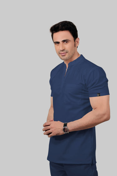 Stretchable (2Way) Male Navy Blue Mandarin Neck With Jogger Scrub Set